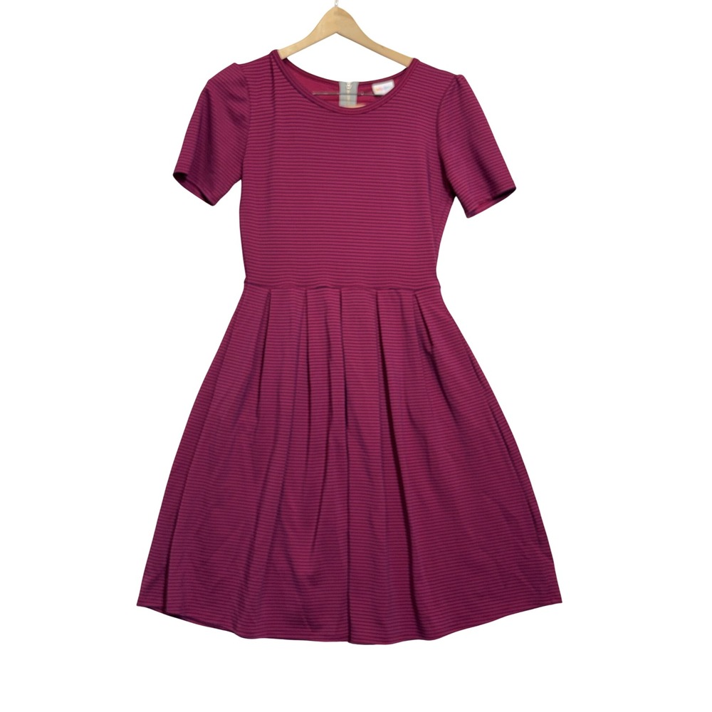 LuLaRoe Amelia Fit Flare Dress Striped Pockets Pink Navy Blue Womens Medium M